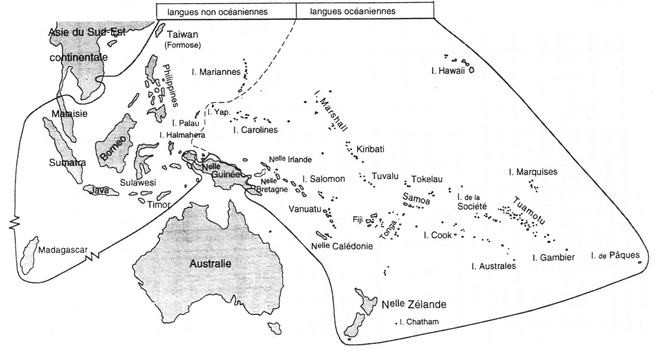 Extension géographique de la famille austronésienne et sous-ensembles des langues océaniennes et non océaniennes, d’après Ozanne-Rivierre, 1998